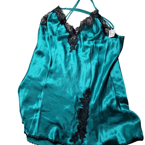 Frederick's of Hollywood Other - Fredericks of Hollywood Teal Satin Lace Trim Chemise Nightgown 6445 NEW Large